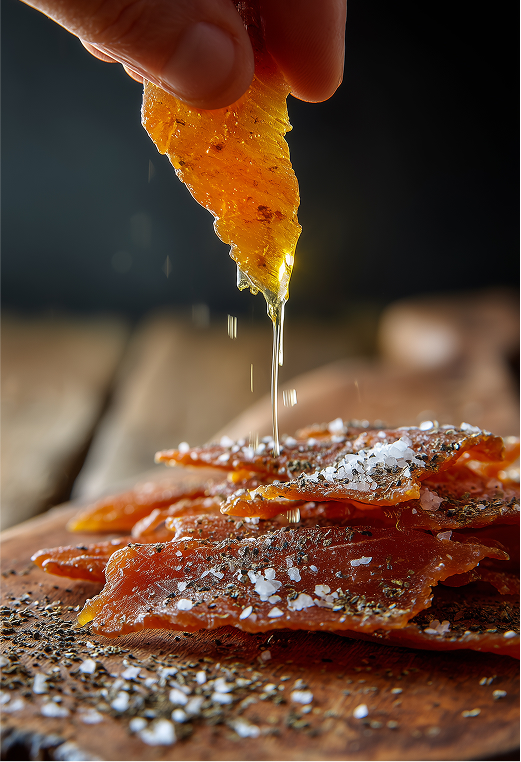 Montauk fish jerky with drizzle and salt